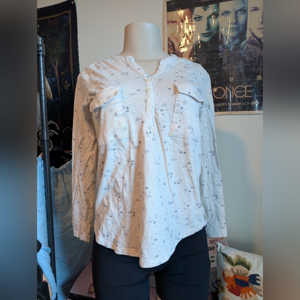Style and Co Womens Long Sleeve Top Star Print Button Up‎ Casual Shirt